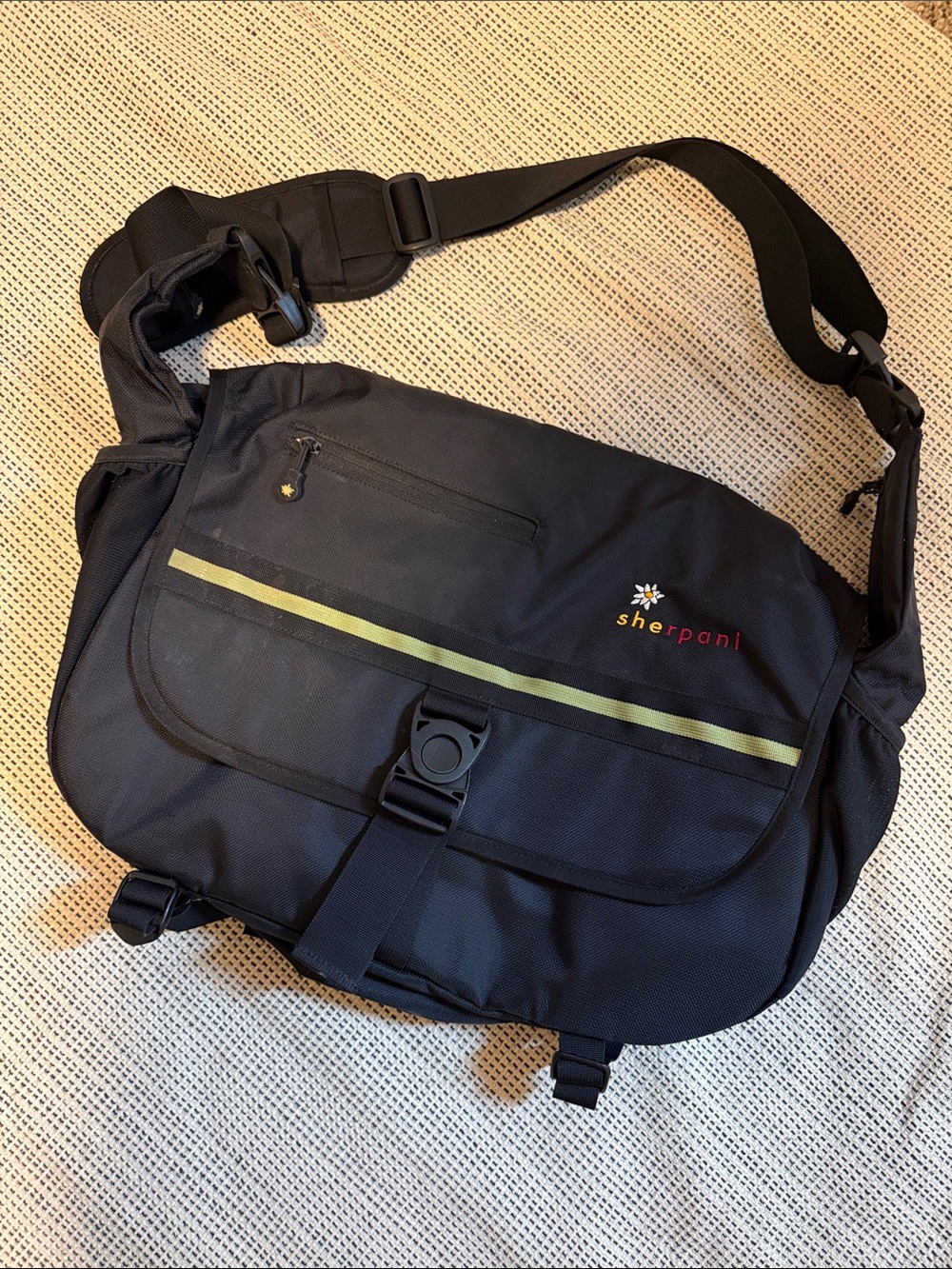 Sherpani Black Messenger Bag with Olive Stripe